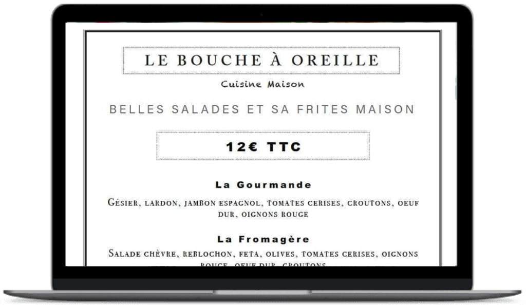menu Bouche à Oreille affiché sur un ordinateur