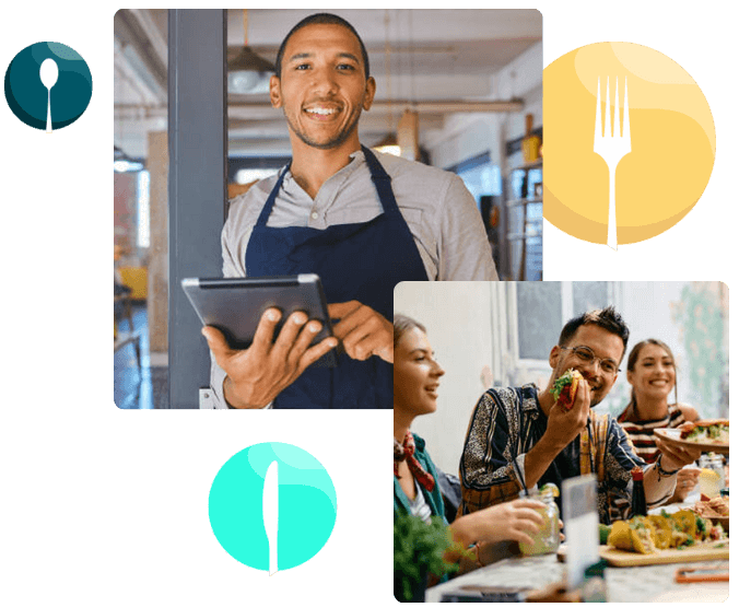 Un restaurateur tenant une tablette pour prendre une commande et un groupe de clients en train de se restaurer à table